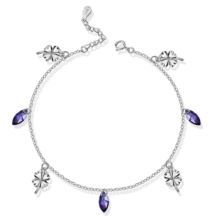 new design rhinestone crystal purple and Four Leaf Clover anklet 925 sterling silver