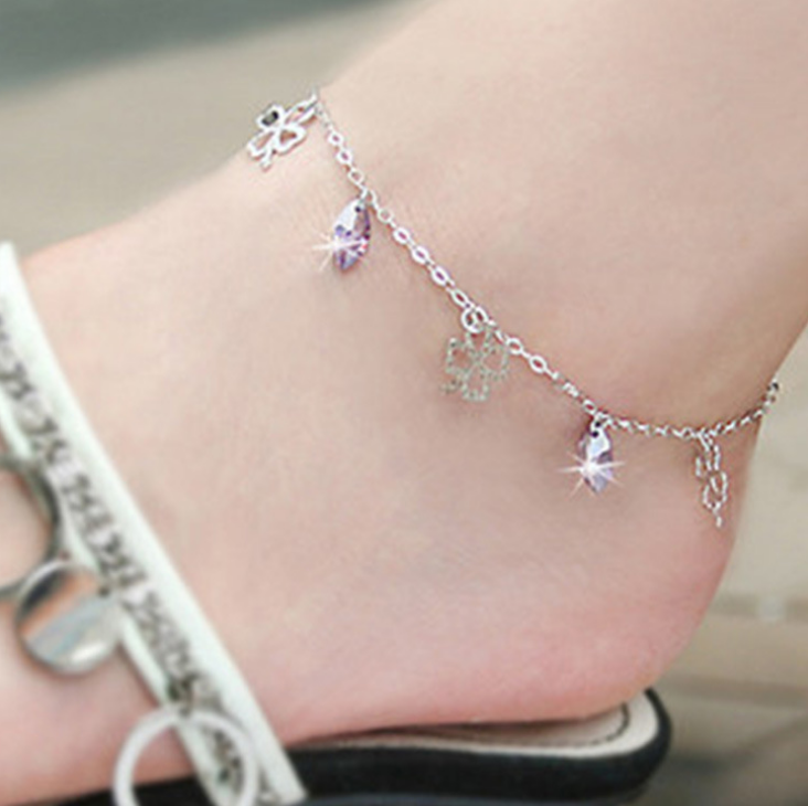 new design rhinestone crystal purple and Four Leaf Clover anklet 925 sterling silver