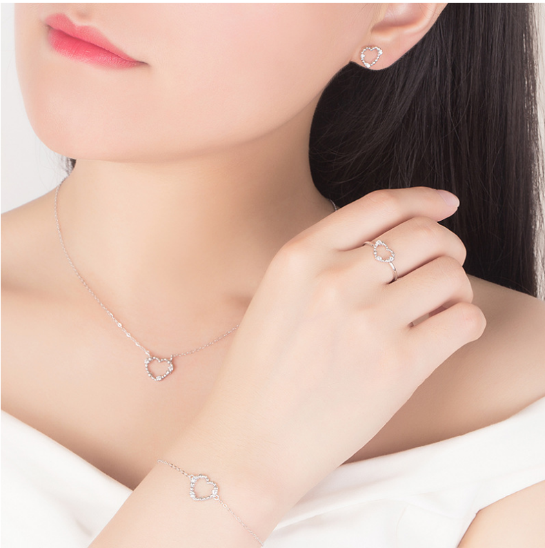 modern minimalist jewelry sterling silver heart pendant earings bracelet ring and necklace set for bridesmaid or daily wearing