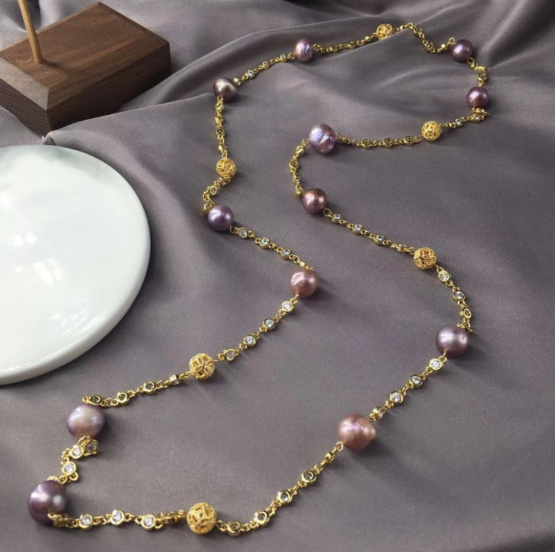 14K gold filled long chain Luxury baroque fresh water pearl beads 9-10MM necklace jewelry