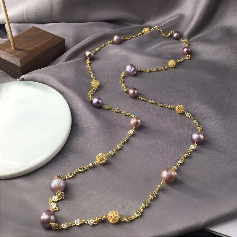 14K gold filled long chain Luxury baroque fresh water pearl beads 9-10MM necklace jewelry