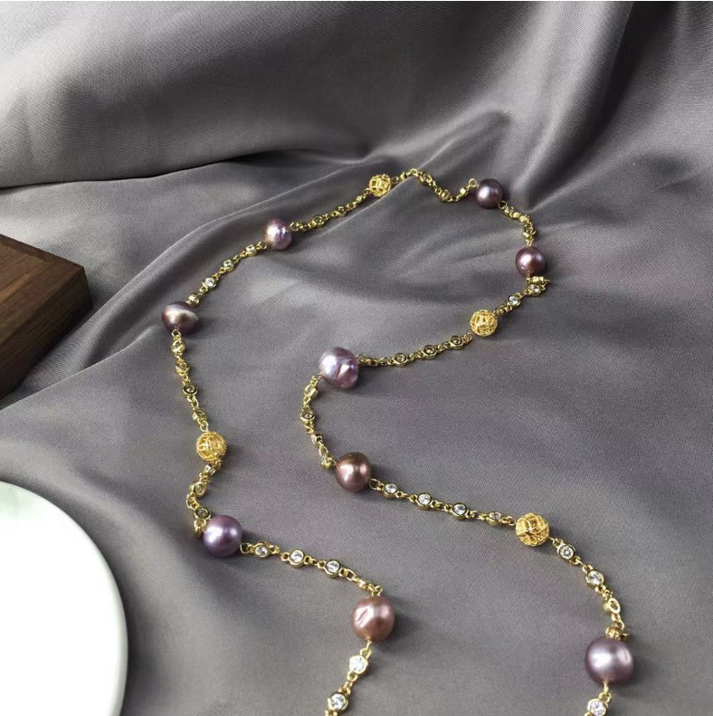 14K gold filled long chain Luxury baroque fresh water pearl beads 9-10MM necklace jewelry