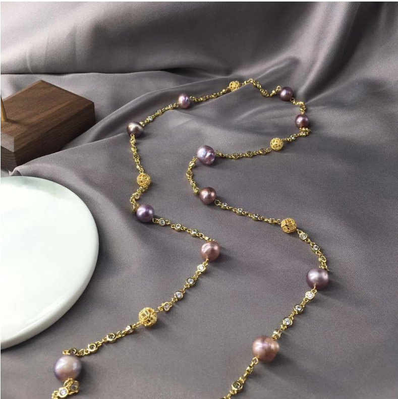 14K gold filled long chain Luxury baroque fresh water pearl beads 9-10MM necklace jewelry