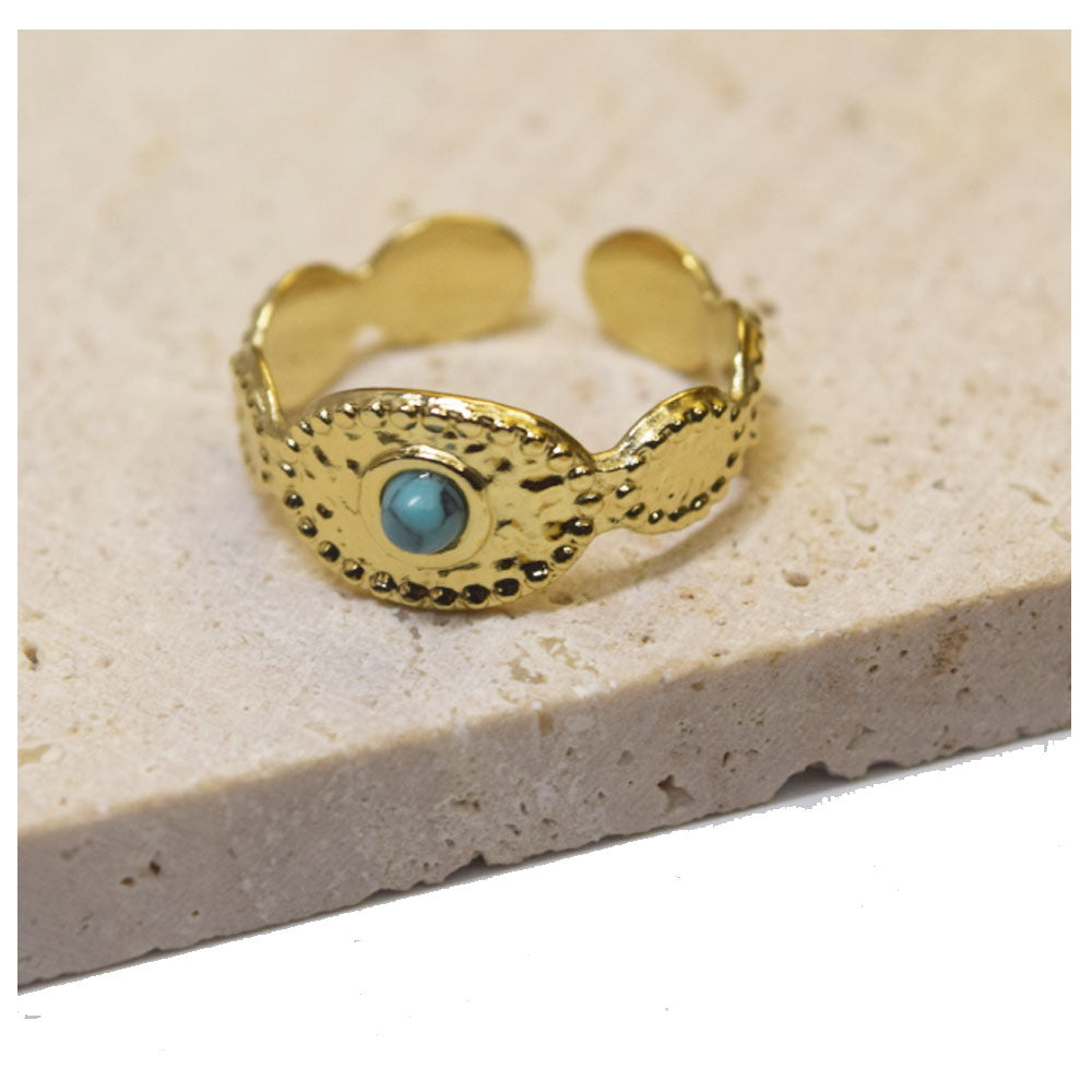 bulk waterproof chic eternity stainless steel gemstone paved turquoise 14k gold plated finger ring jewelry open cuff rings