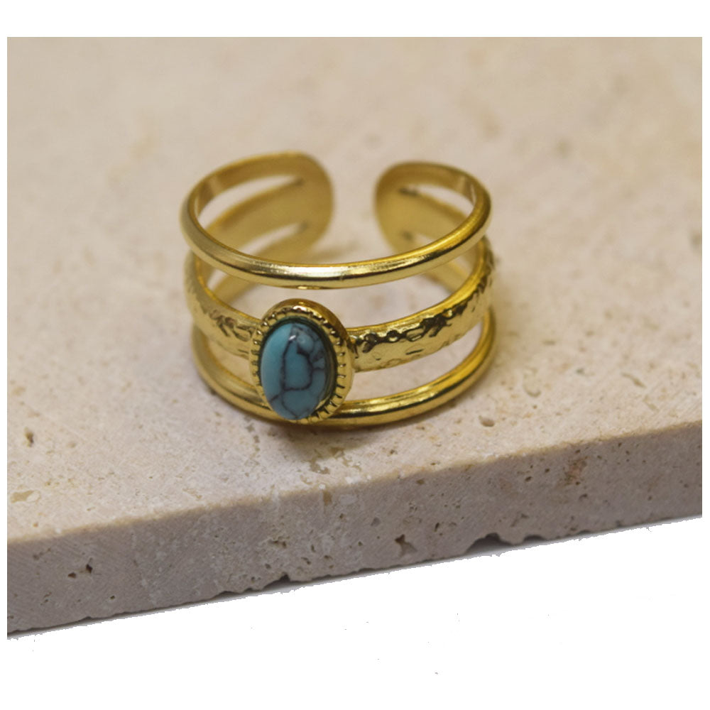 bulk waterproof chic eternity stainless steel gemstone paved turquoise 14k gold plated finger ring jewelry open cuff rings