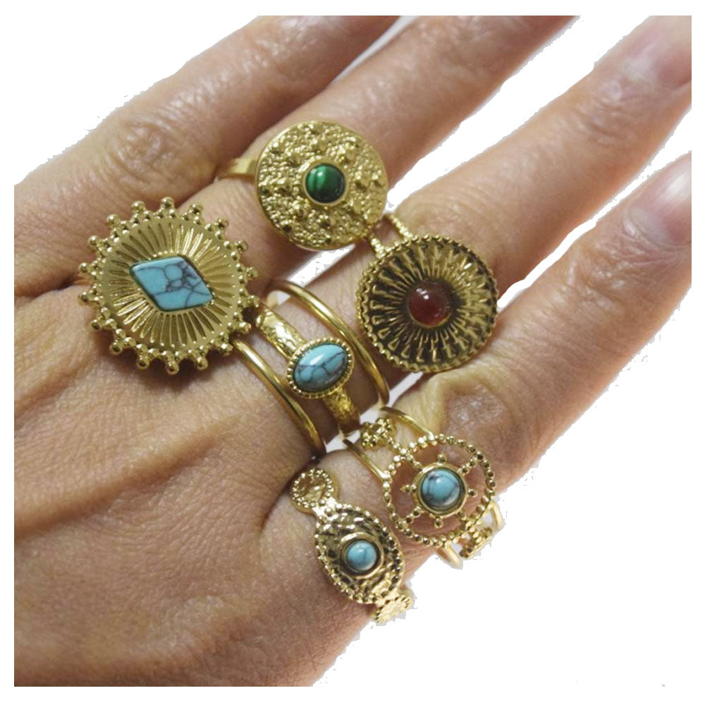 bulk waterproof chic eternity stainless steel gemstone paved turquoise 14k gold plated finger ring jewelry open cuff rings