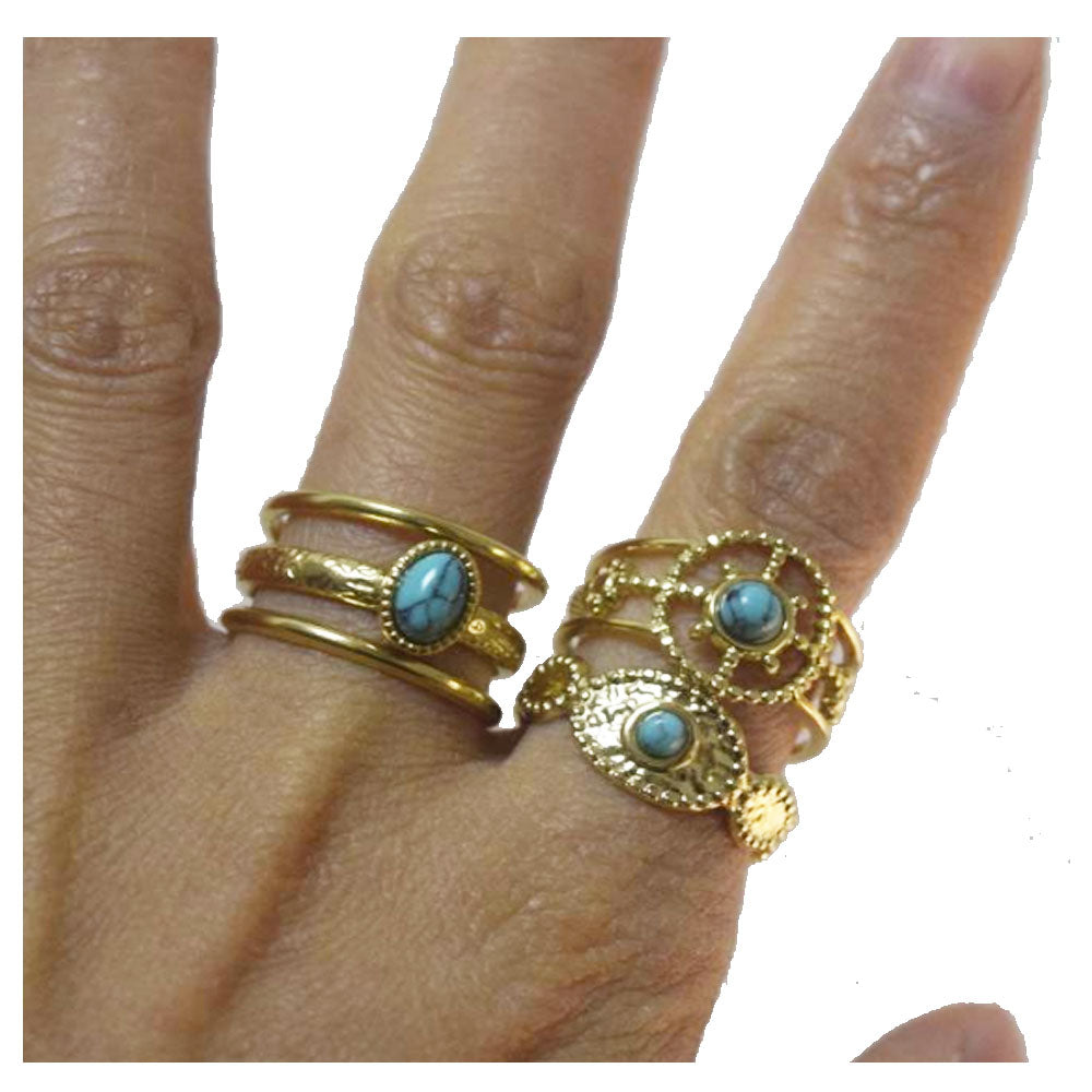 bulk waterproof chic eternity stainless steel gemstone paved turquoise 14k gold plated finger ring jewelry open cuff rings