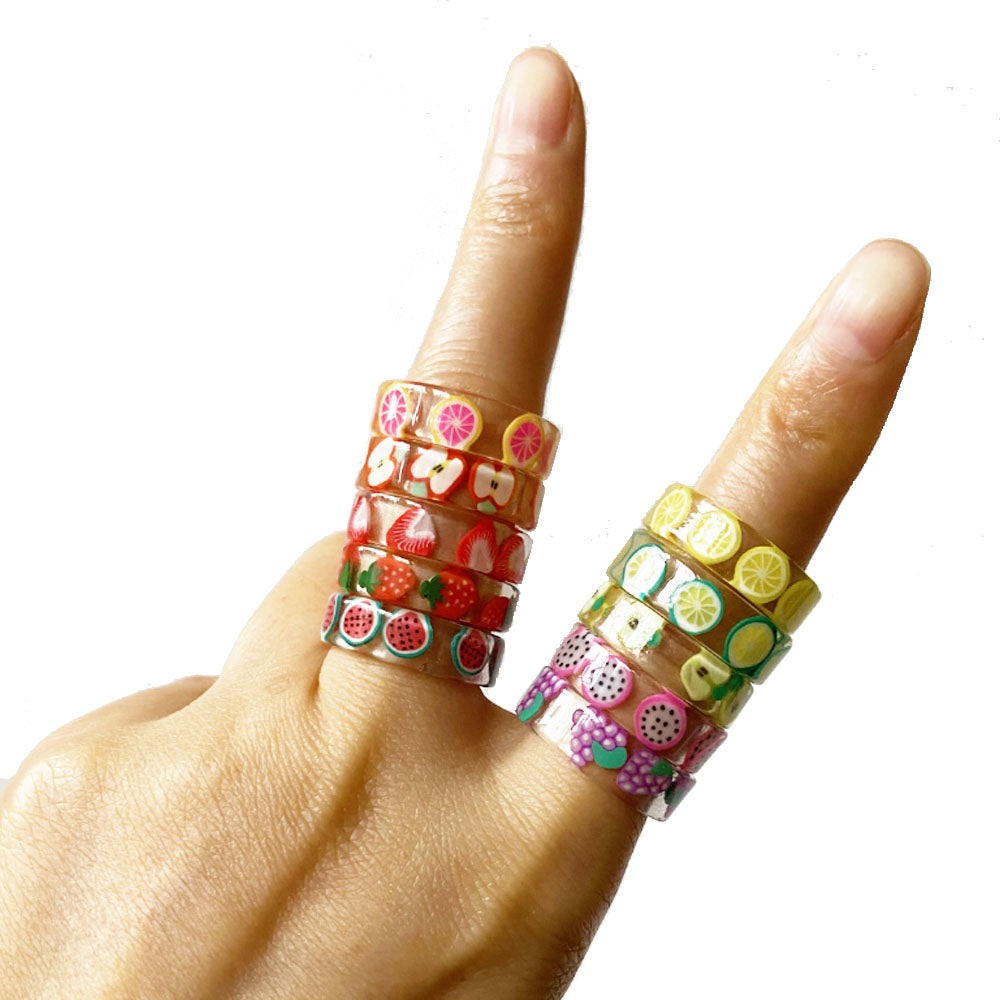 Wholesale Korean style chunky design candy color resin acrylic plastic crystal fruit charm finger rings jewelry ring supplier