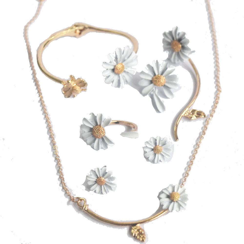 wholesale fashion brass alloy daisies daisy flower necklace earring bangle finger ring jewelry set jewelries supplier