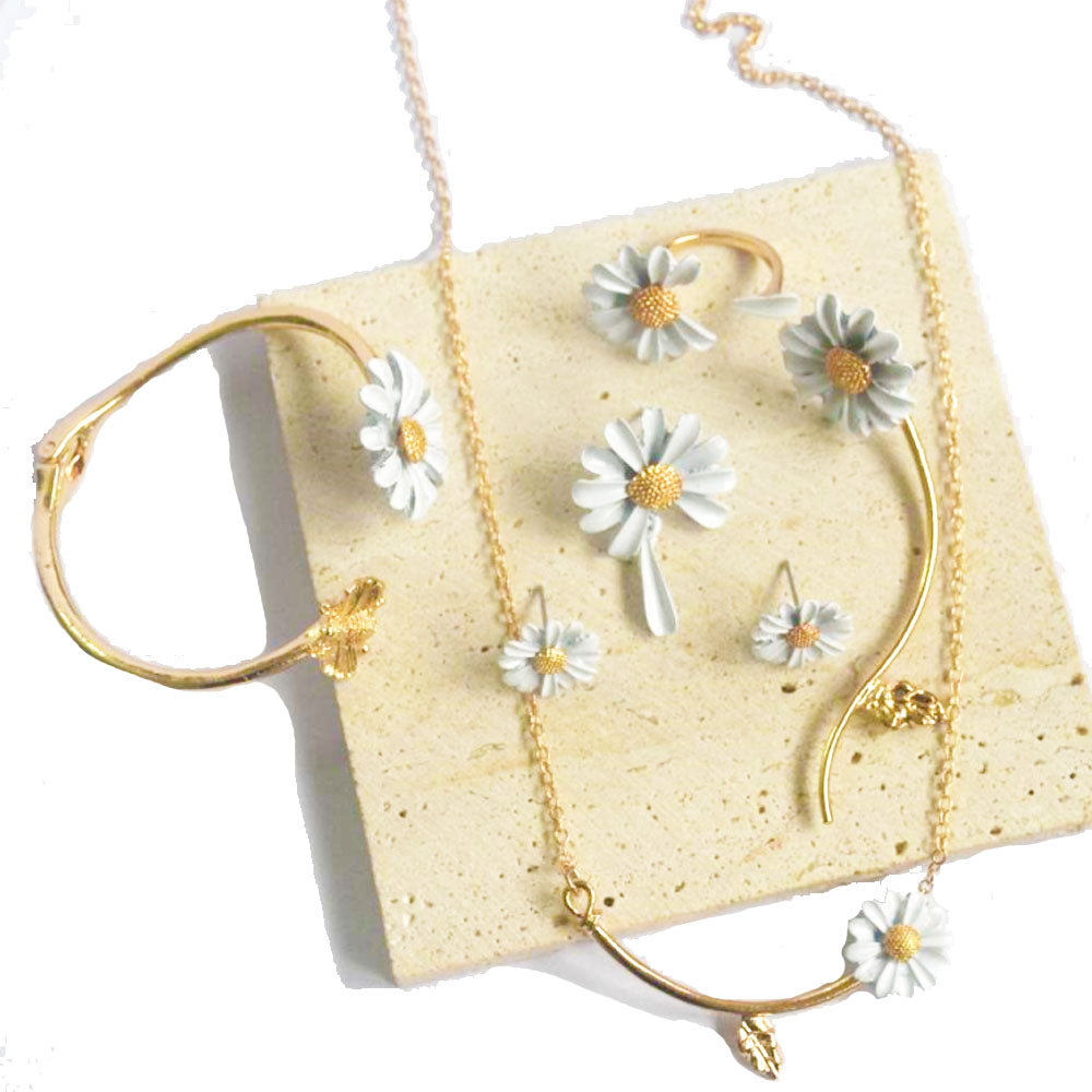 wholesale fashion brass alloy daisies daisy flower necklace earring bangle finger ring jewelry set jewelries supplier