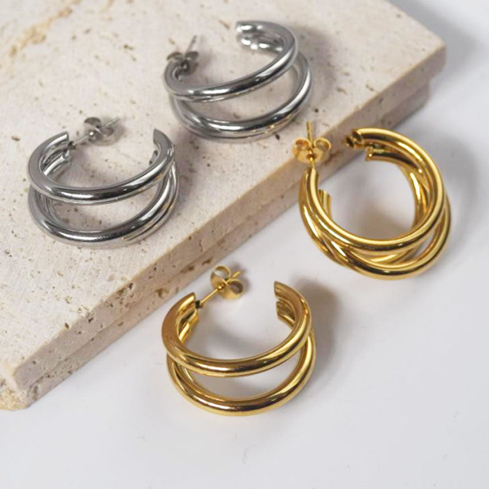 wholesale stainless steel 3 wire half triple hoops 25mm 30mm gold earrings jewelry for women men China manufacturer factory supplier
