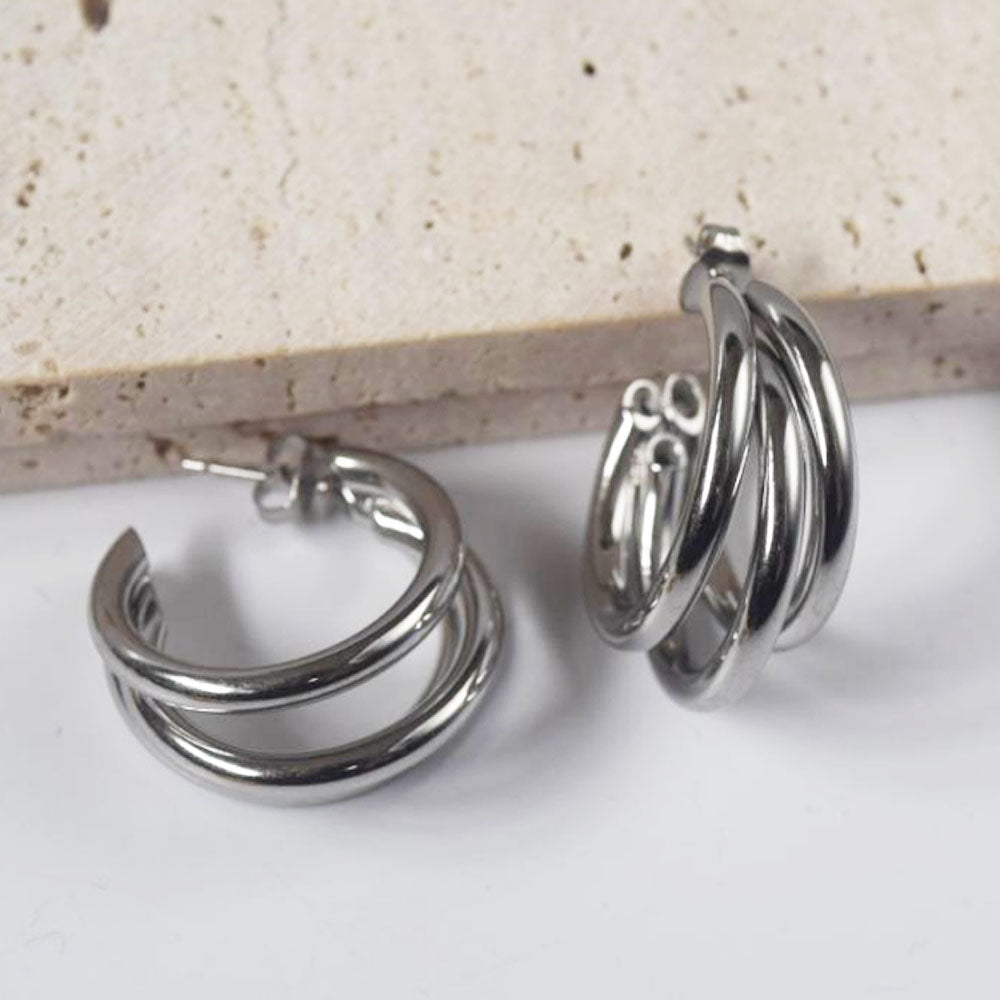 wholesale stainless steel 3 wire half triple hoops 25mm 30mm gold earrings jewelry for women men China manufacturer factory supplier