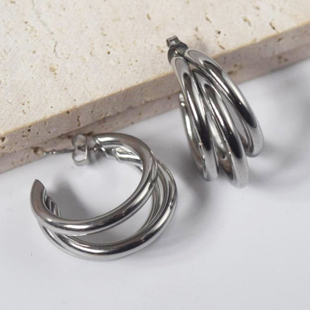 wholesale stainless steel 3 wire half triple hoops 25mm 30mm gold earrings jewelry for women men China manufacturer factory supplier