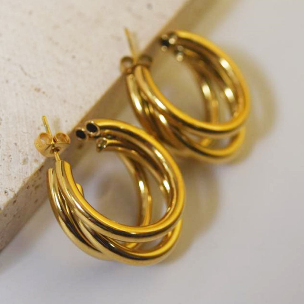 wholesale stainless steel 3 wire half triple hoops 25mm 30mm gold earrings jewelry for women men China manufacturer factory supplier