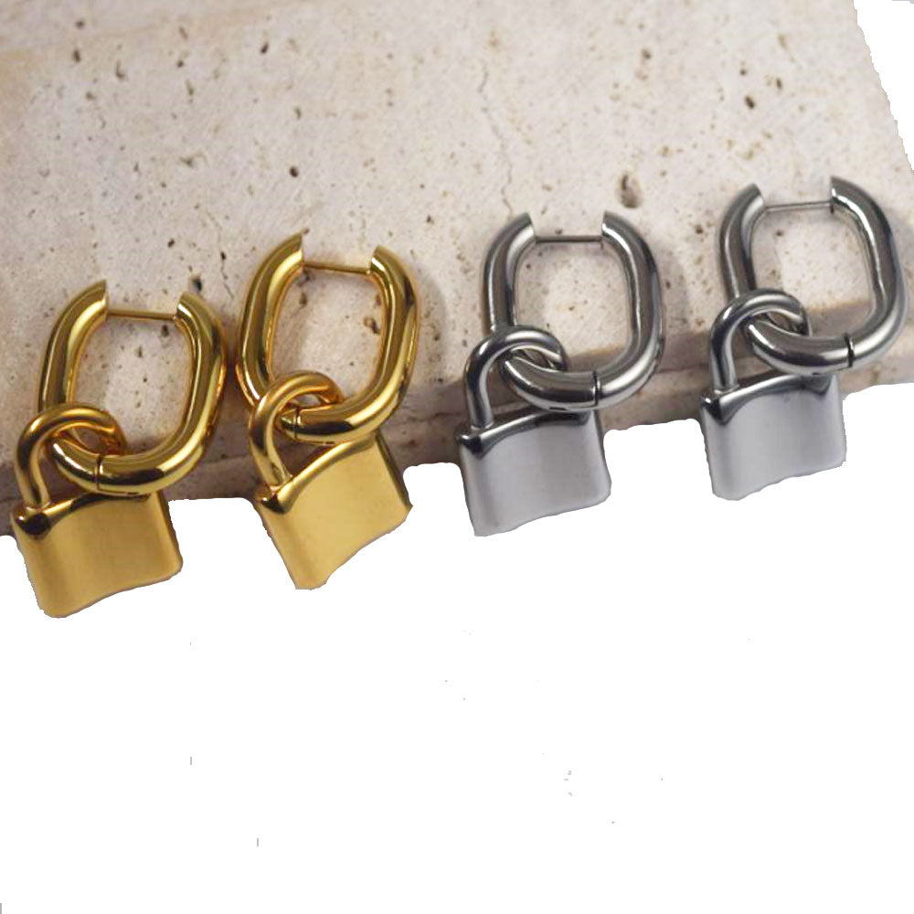 wholesale trendy waterproof fashion lock statement stainless steel fine gold plated dangle drop earrings jewelry for women