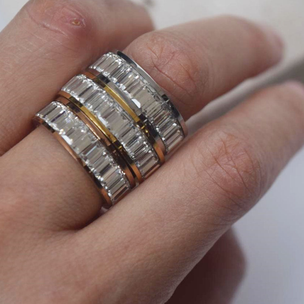 fashion chic party wedding stainless steel gold plated zircon beads inlay middle finger ring unisex for men and women