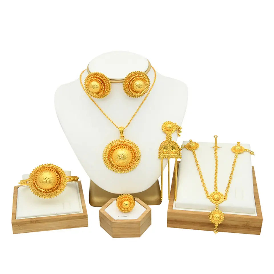 traditional brass alloy traditional ethiopian 24k gold plated jewelry set statement necklace bracelet earring headwear 6pcs pack