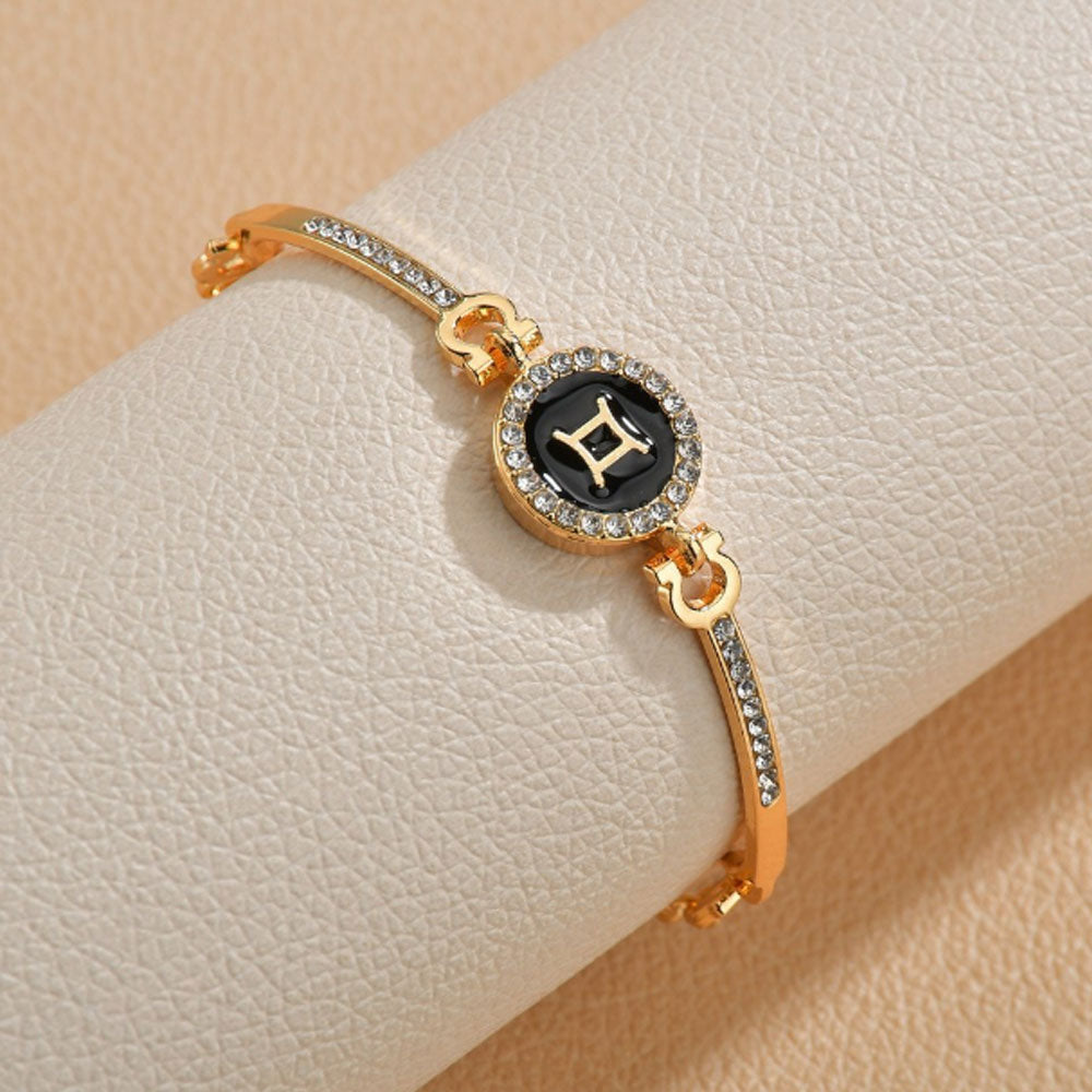 wholesale cubic zirconia diamond beads paving brass bangle 12 zodiac sings charm chain bracelet women adjustable