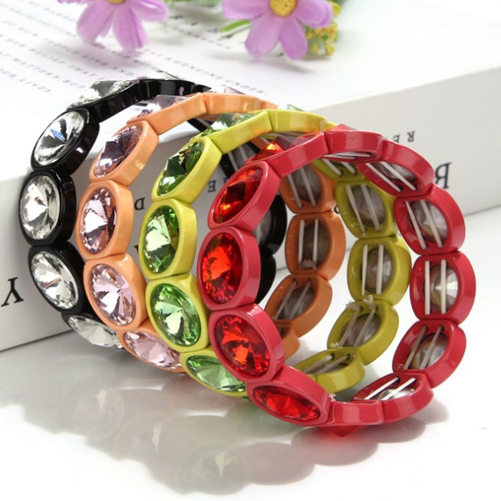 handmade women fashion elastic alloy enamel stretch rainbow metal glass tile bracelet adjustable jewelry