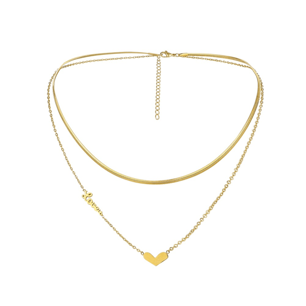fashion stainless steel gold plated double layers heart charm love you letters double layers chain necklace women