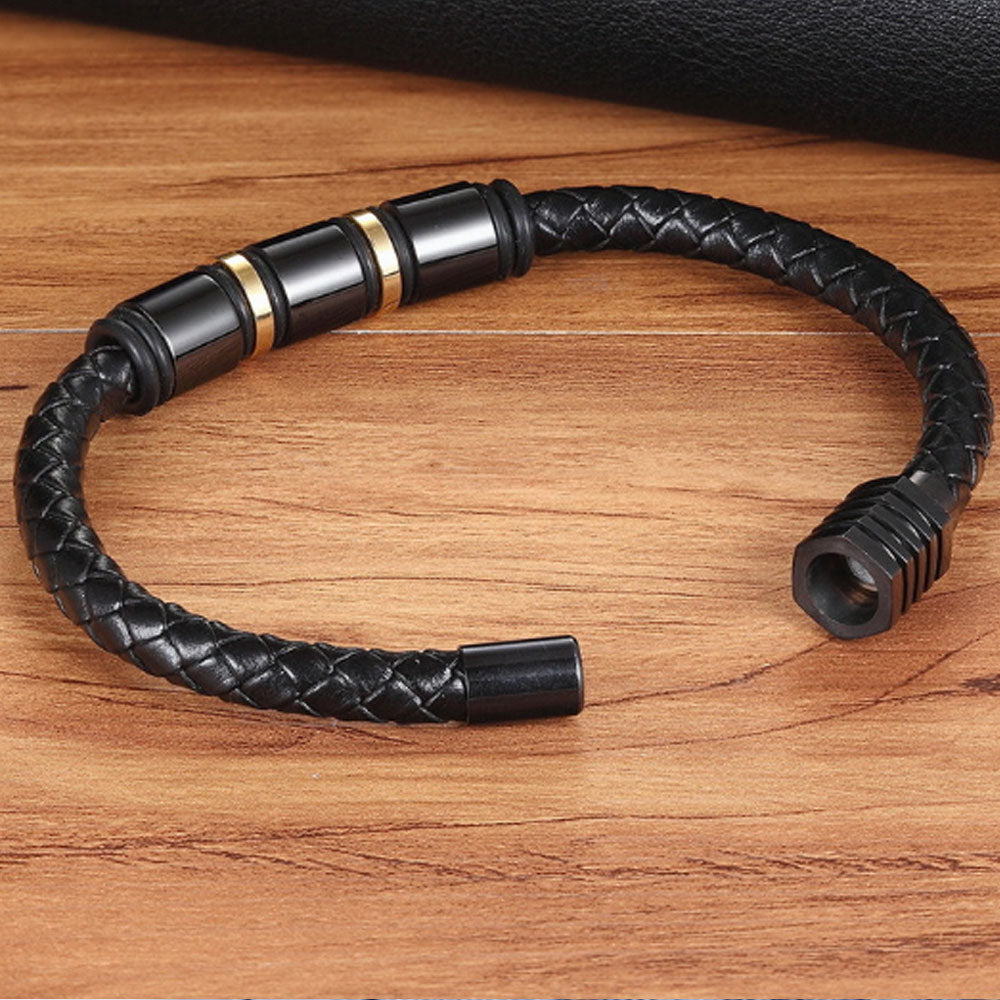 wholesale men's luxury beaded bracelets stainless steel metal parts and genuine leather rope braided for men jewelry