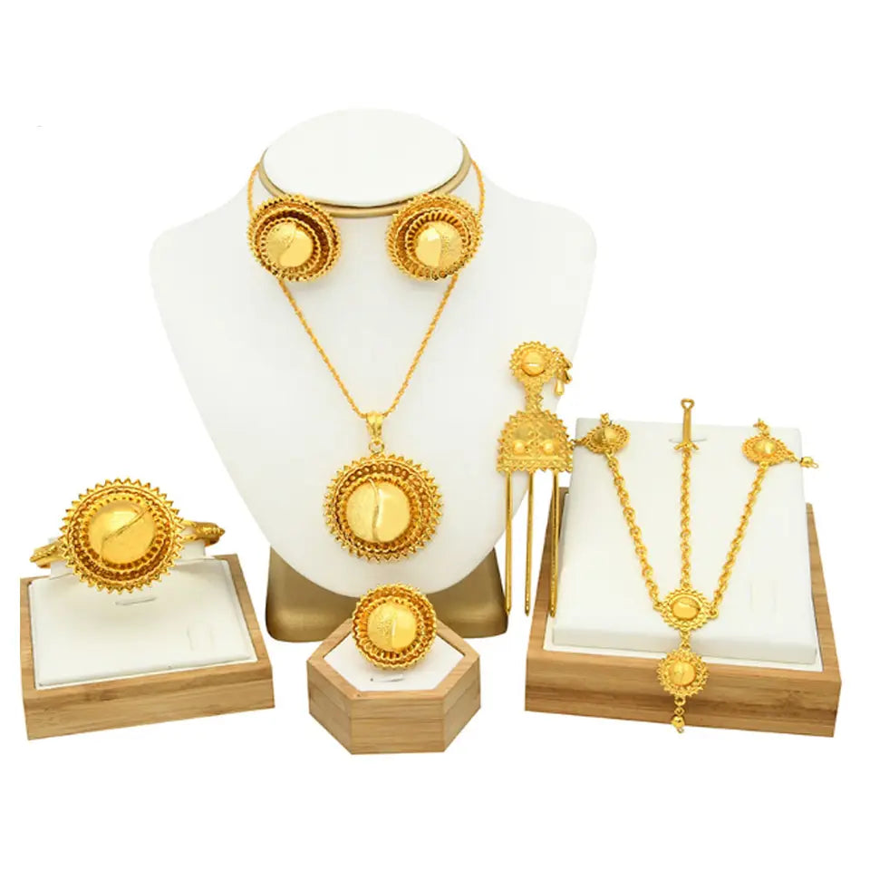 traditional brass alloy traditional ethiopian 24k gold plated jewelry set statement necklace bracelet earring headwear 6pcs pack