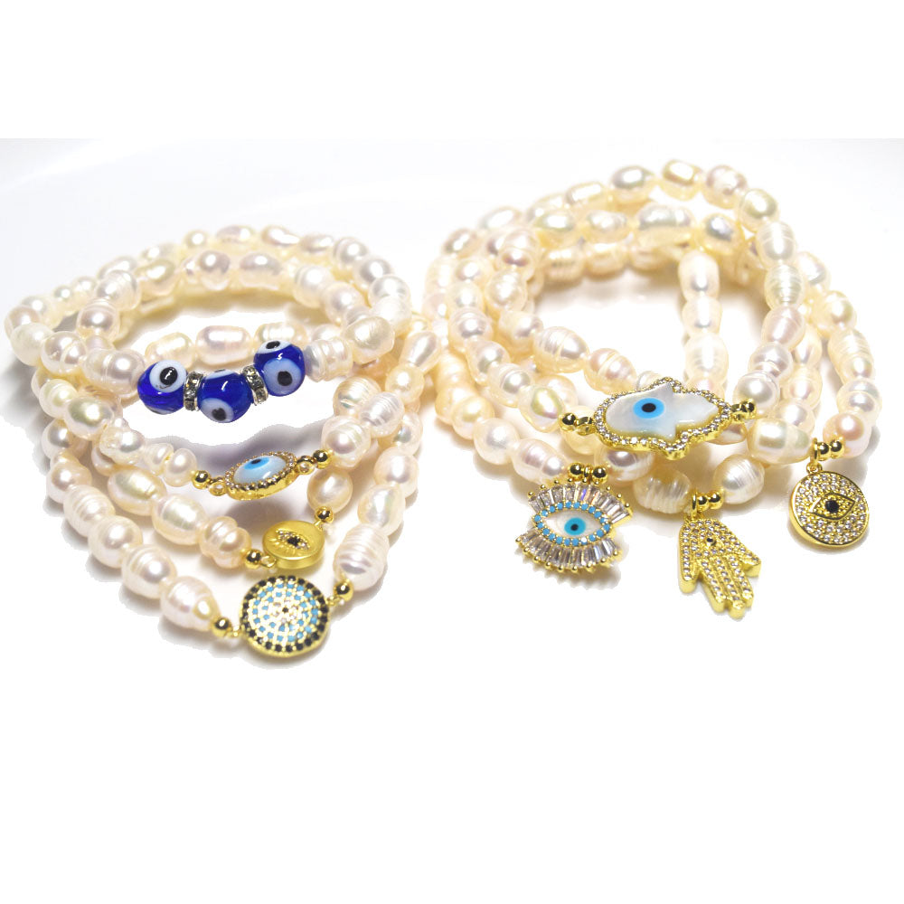 hand crafted 90s boho stake natural freshwater pearl beads bracelet charm women devil eye pearl beaded bracelets jewelry