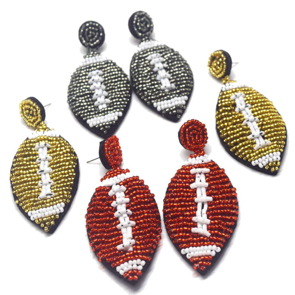 statement boho bohemian glass rice seed beads beaded rugby Rugger ball football pendant earring women jewelry accessories