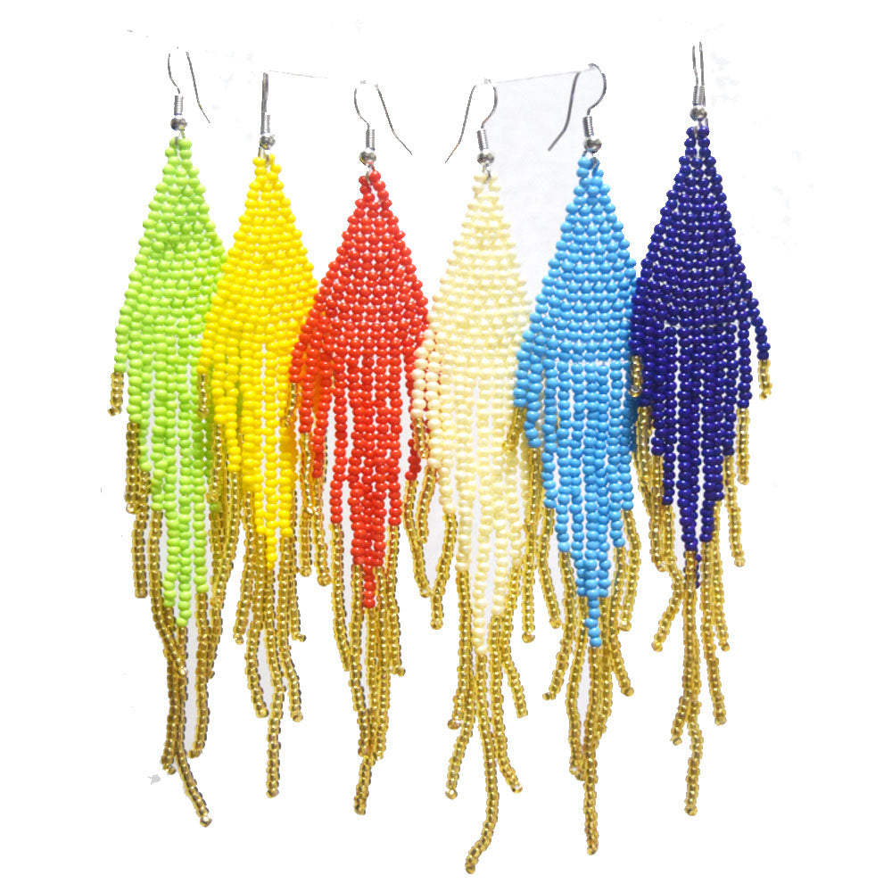 wholesale beads beaded red extra long tassel fringe boho glass seed bead drop dangle earrings for women colorful jewelry