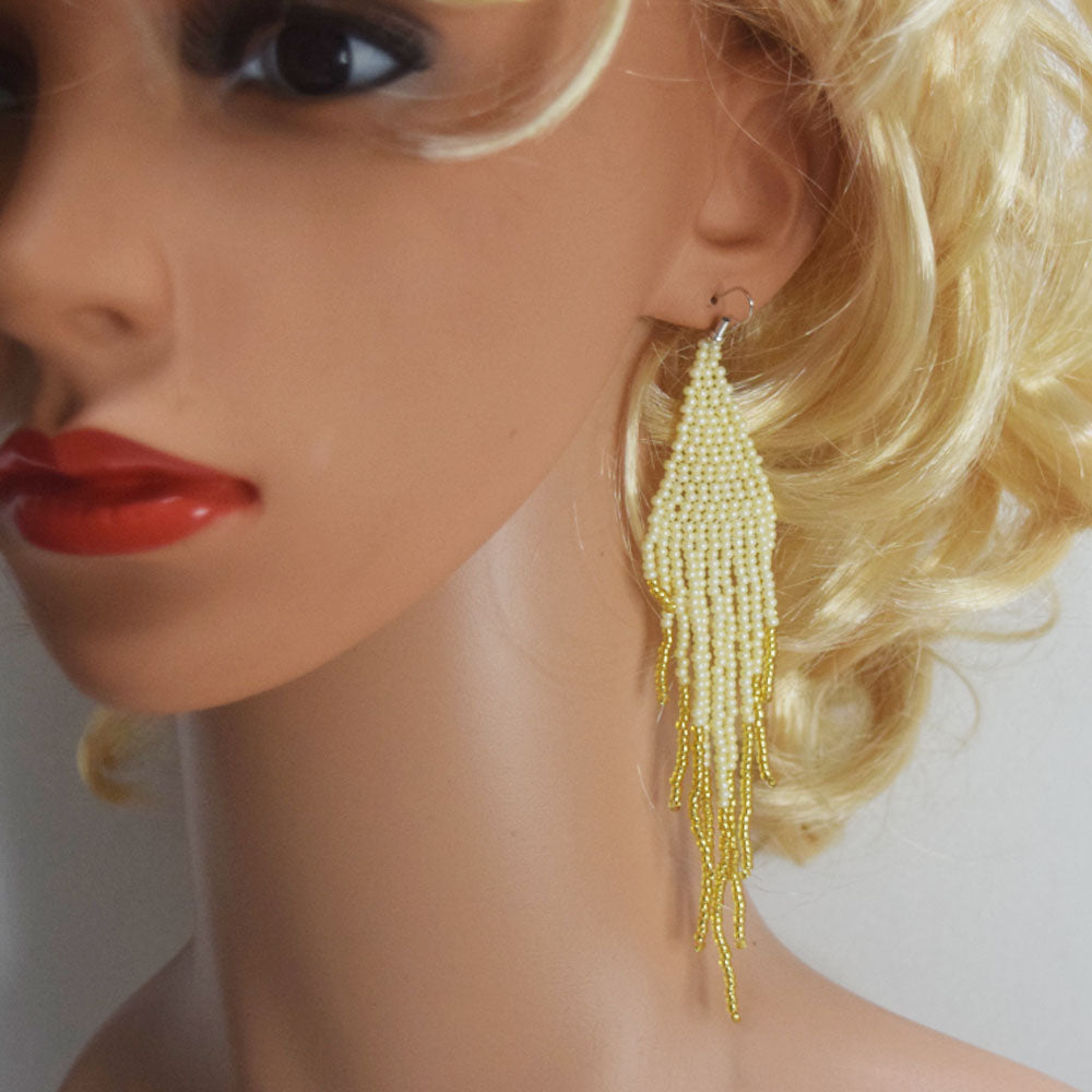 wholesale beads beaded red extra long tassel fringe boho glass seed bead drop dangle earrings for women colorful jewelry