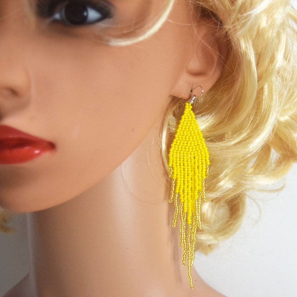 wholesale beads beaded red extra long tassel fringe boho glass seed bead drop dangle earrings for women colorful jewelry