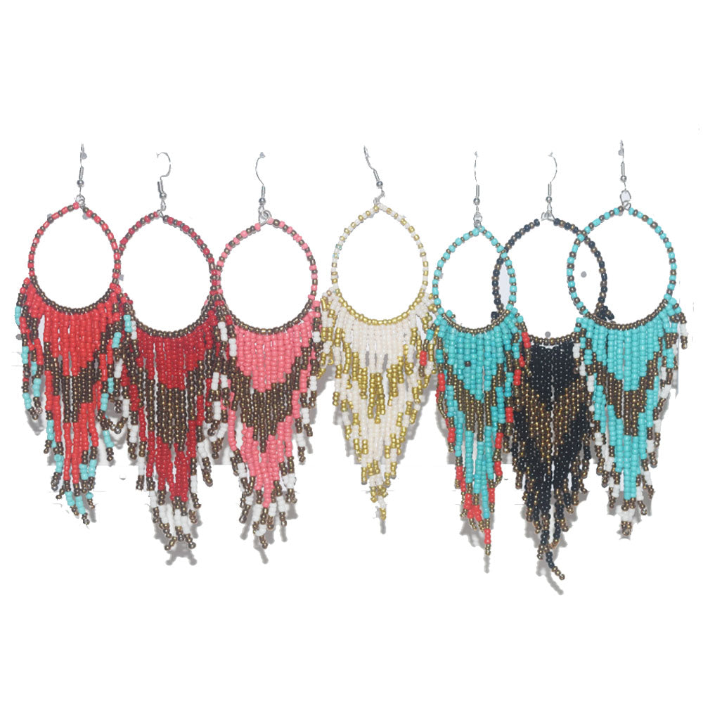 African Glass seed beads beaded hoop tassel statement extra long bohemian boho beads drop dangle earrings colorful for Women
