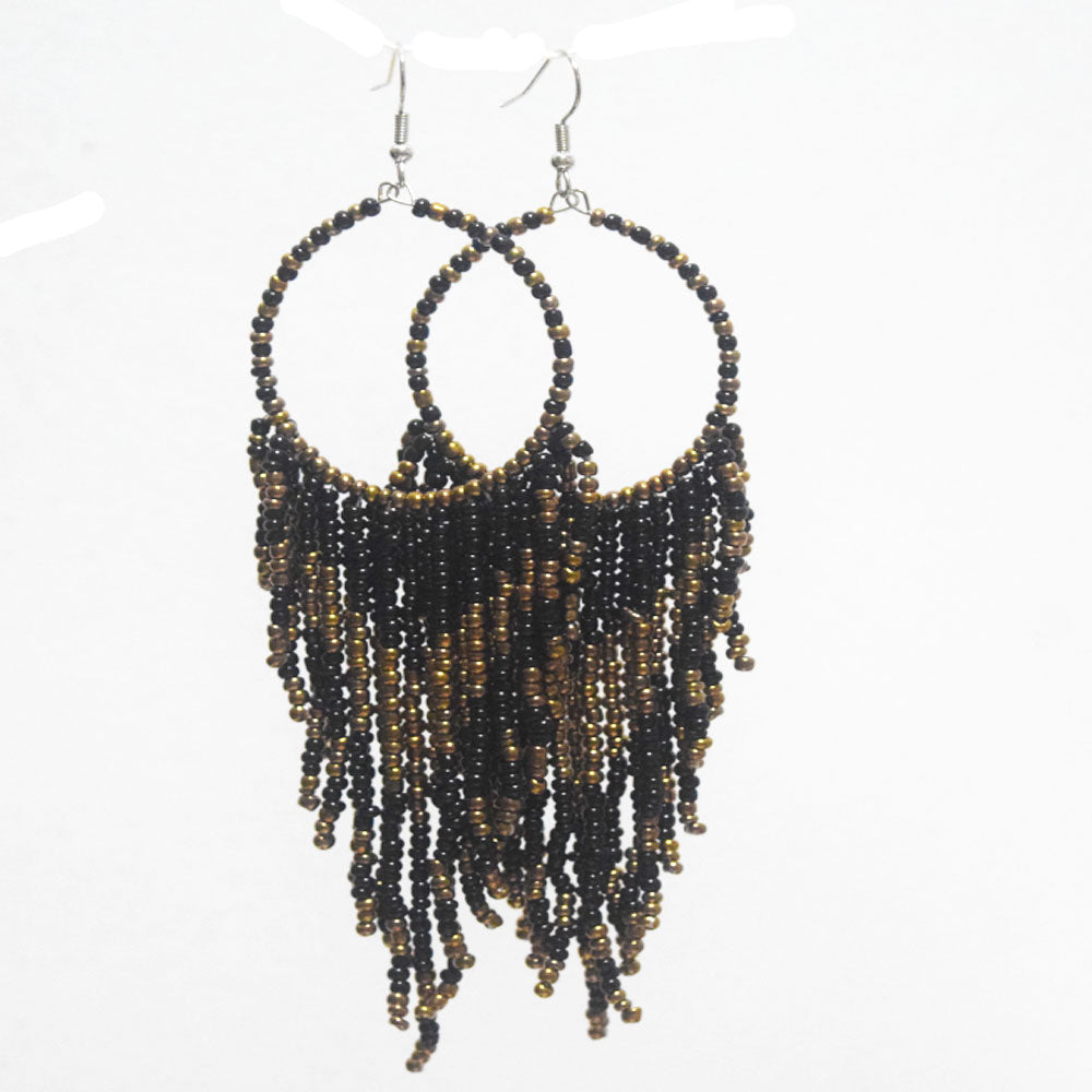 African Glass seed beads beaded hoop tassel statement extra long bohemian boho beads drop dangle earrings colorful for Women