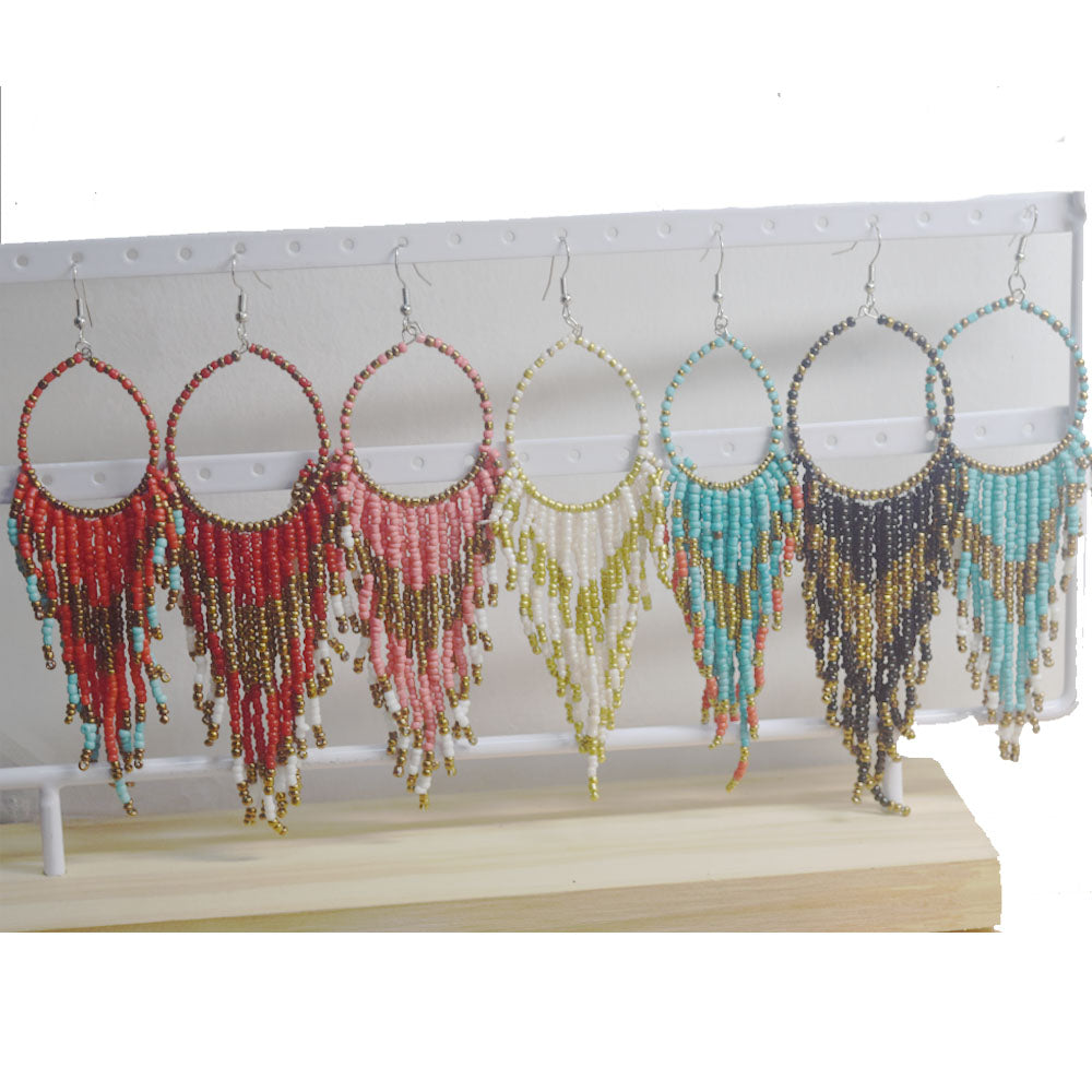 African Glass seed beads beaded hoop tassel statement extra long bohemian boho beads drop dangle earrings colorful for Women