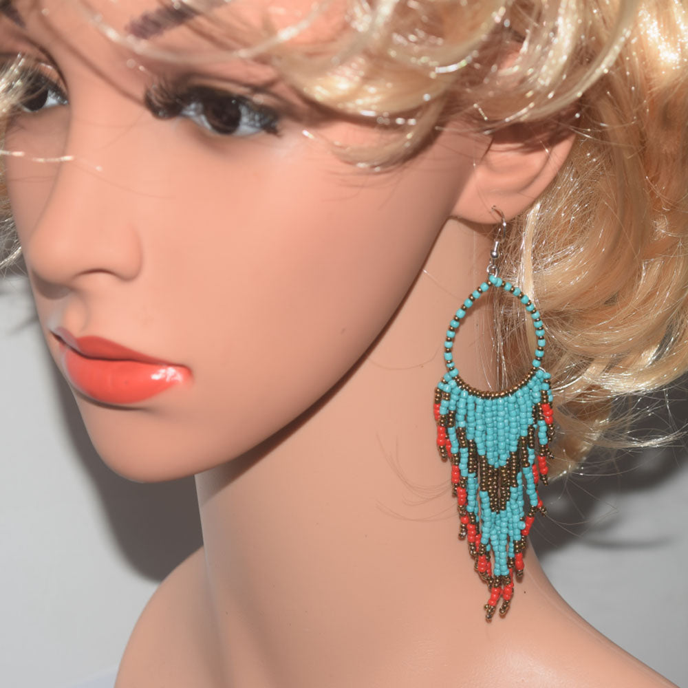 African Glass seed beads beaded hoop tassel statement extra long bohemian boho beads drop dangle earrings colorful for Women