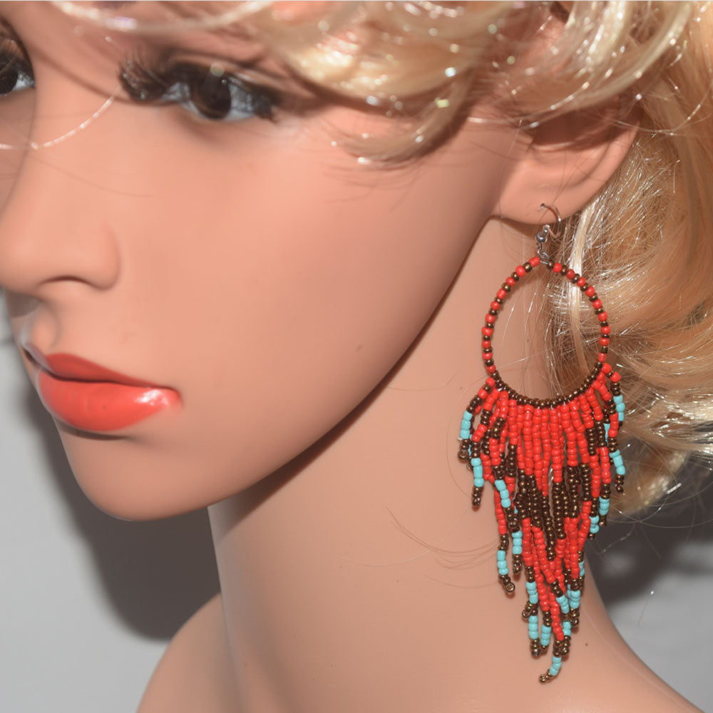 African Glass seed beads beaded hoop tassel statement extra long bohemian boho beads drop dangle earrings colorful for Women