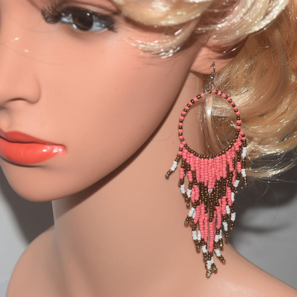 African Glass seed beads beaded hoop tassel statement extra long bohemian boho beads drop dangle earrings colorful for Women