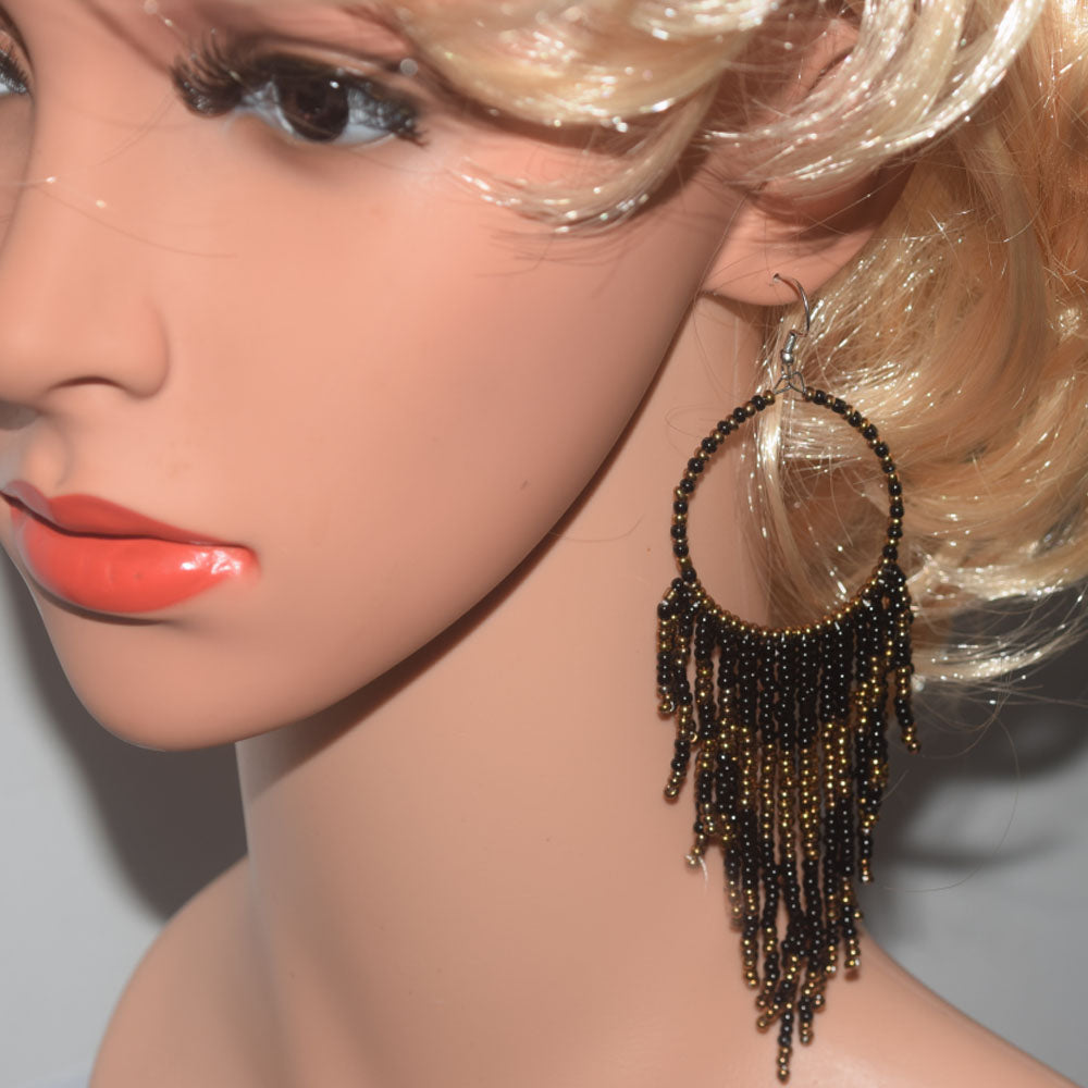 African Glass seed beads beaded hoop tassel statement extra long bohemian boho beads drop dangle earrings colorful for Women