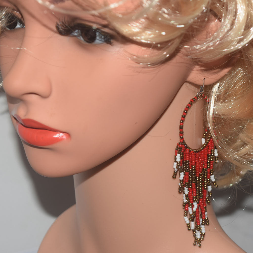 African Glass seed beads beaded hoop tassel statement extra long bohemian boho beads drop dangle earrings colorful for Women