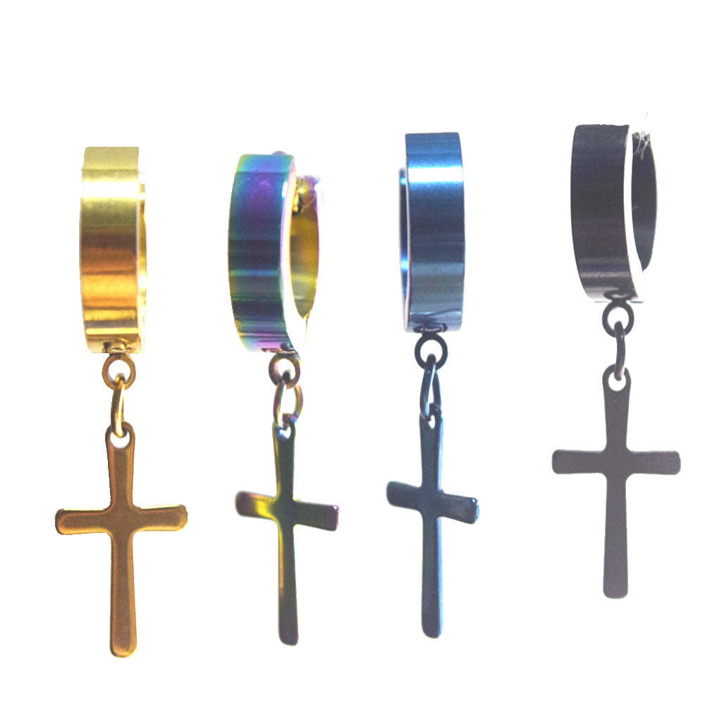 3cm long small vintage stainless steel gold steel black colorful and blue simple cross jesus christian earring for boys and men