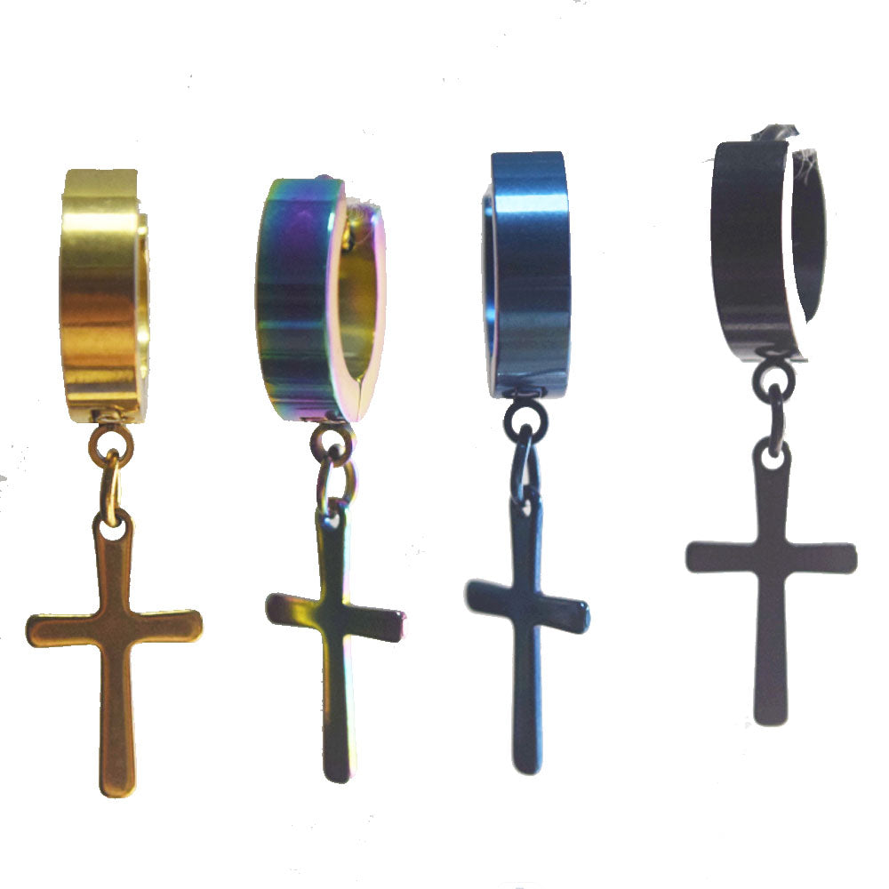 3cm long small vintage stainless steel gold steel black colorful and blue simple cross jesus christian earring for boys and men