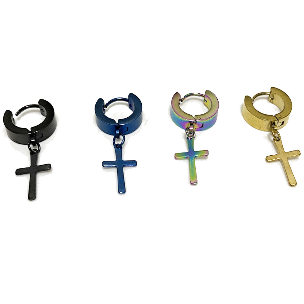 3cm long small vintage stainless steel gold steel black colorful and blue simple cross jesus christian earring for boys and men