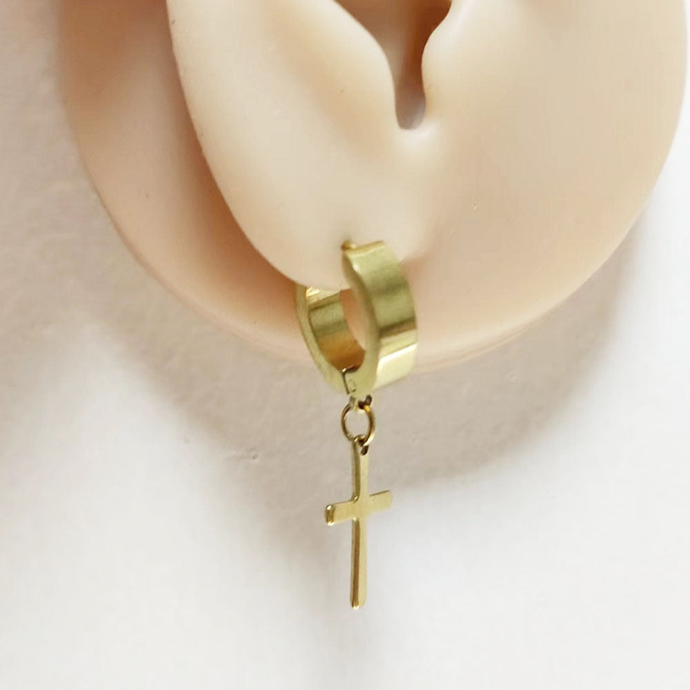 3cm long small vintage stainless steel gold steel black colorful and blue simple cross jesus christian earring for boys and men