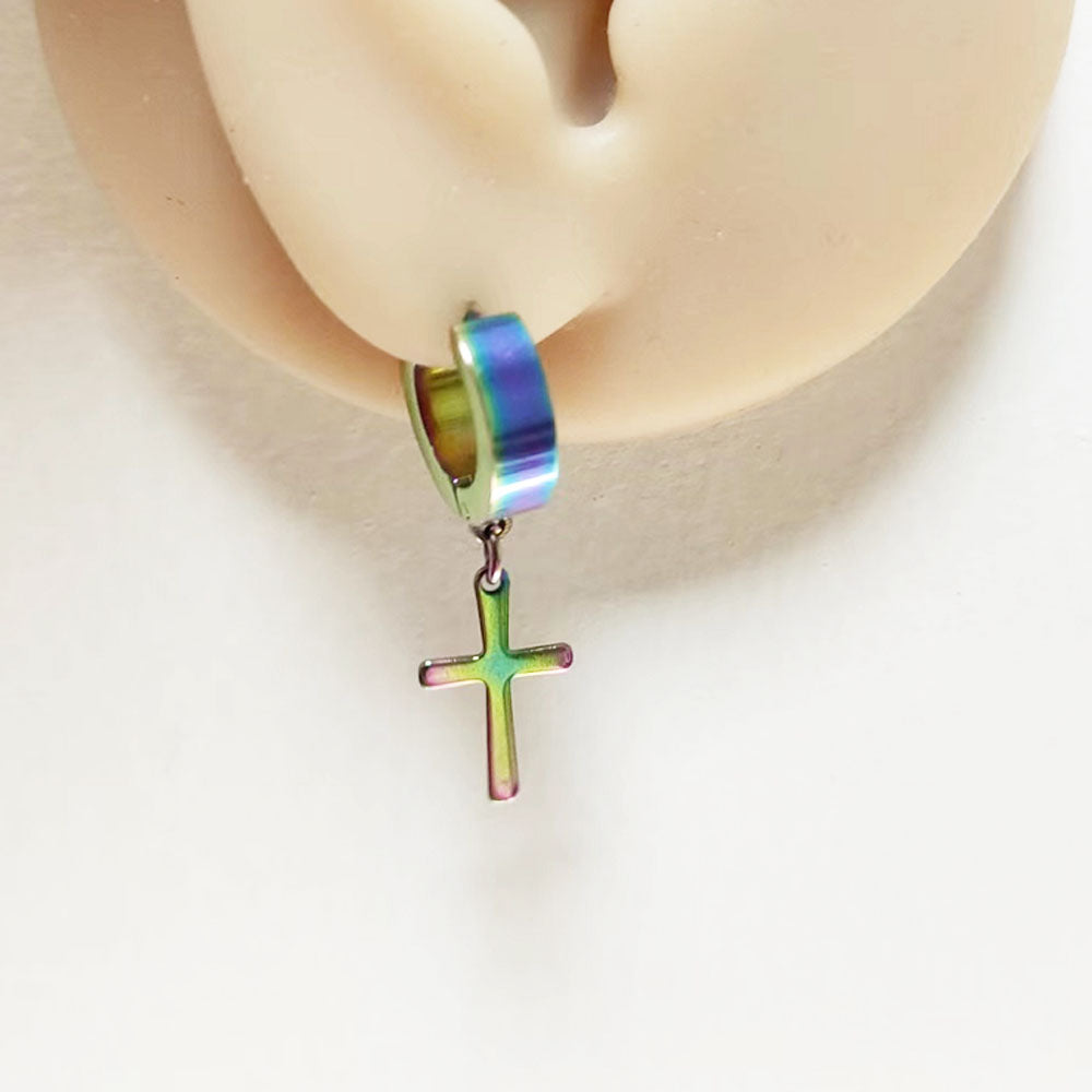 3cm long small vintage stainless steel gold steel black colorful and blue simple cross jesus christian earring for boys and men
