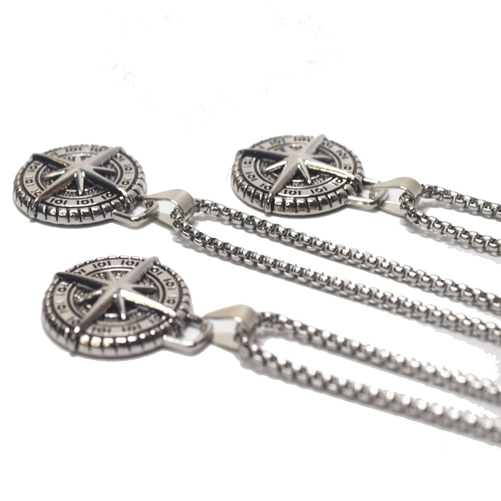 ancient silver stainless steel chain men brass alloy compass medal coin pendant necklace jewelry