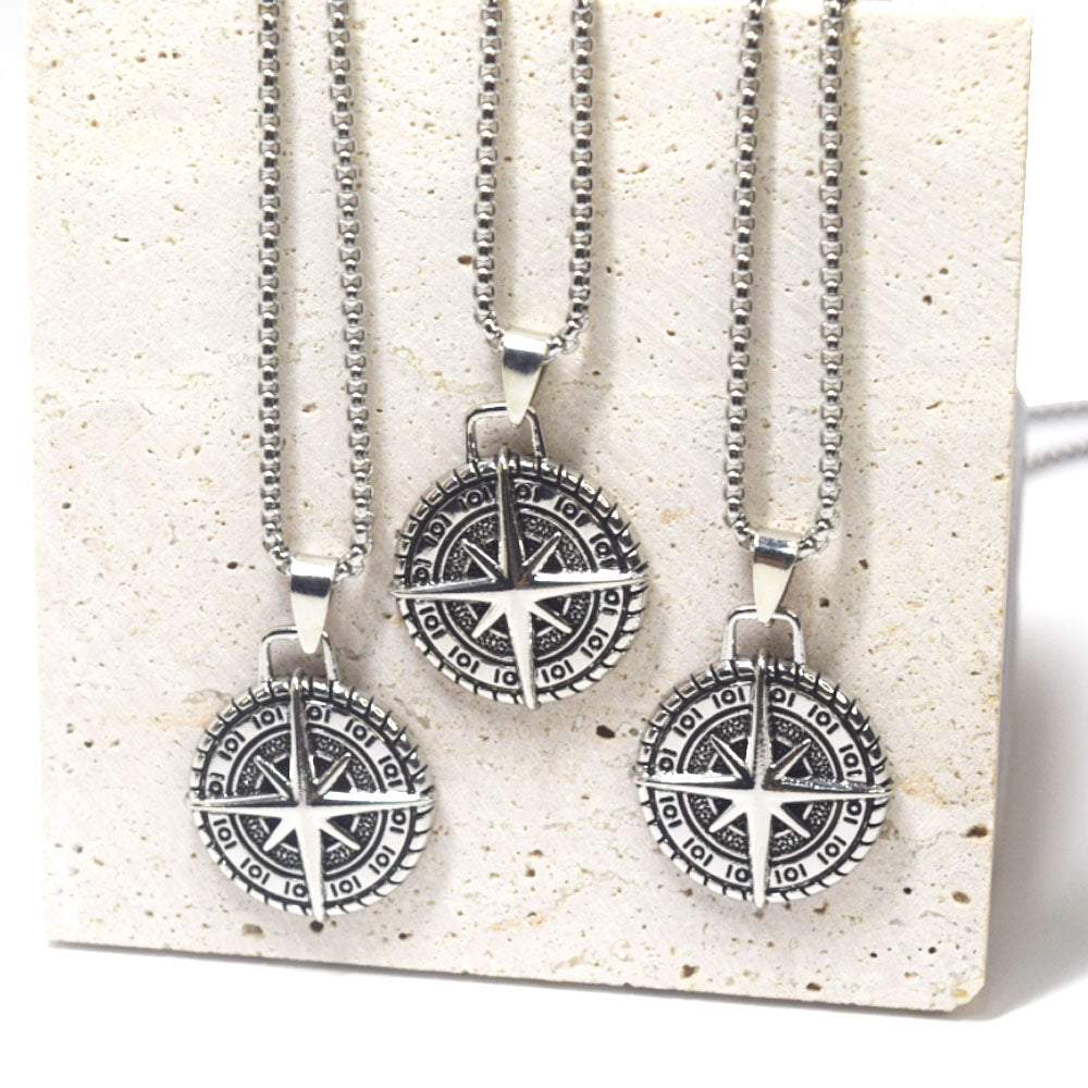 ancient silver stainless steel chain men brass alloy compass medal coin pendant necklace jewelry