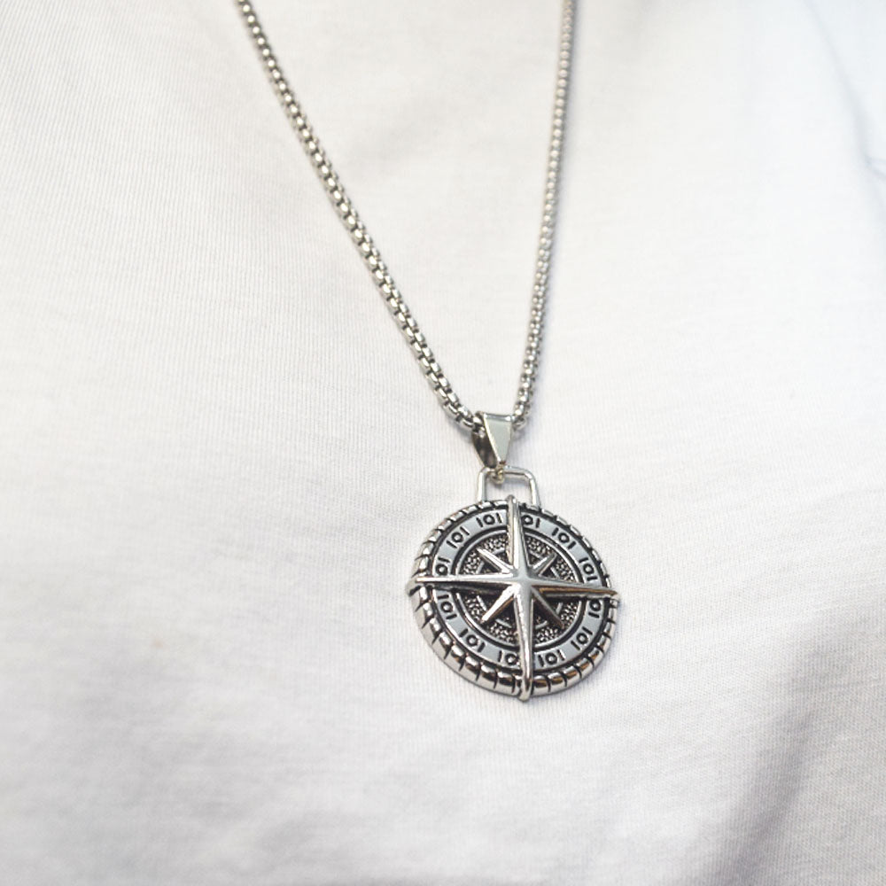 ancient silver stainless steel chain men brass alloy compass medal coin pendant necklace jewelry