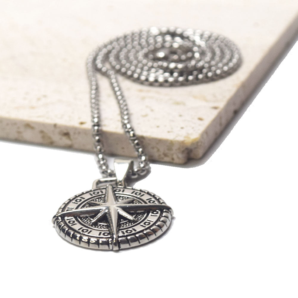 ancient silver stainless steel chain men brass alloy compass medal coin pendant necklace jewelry