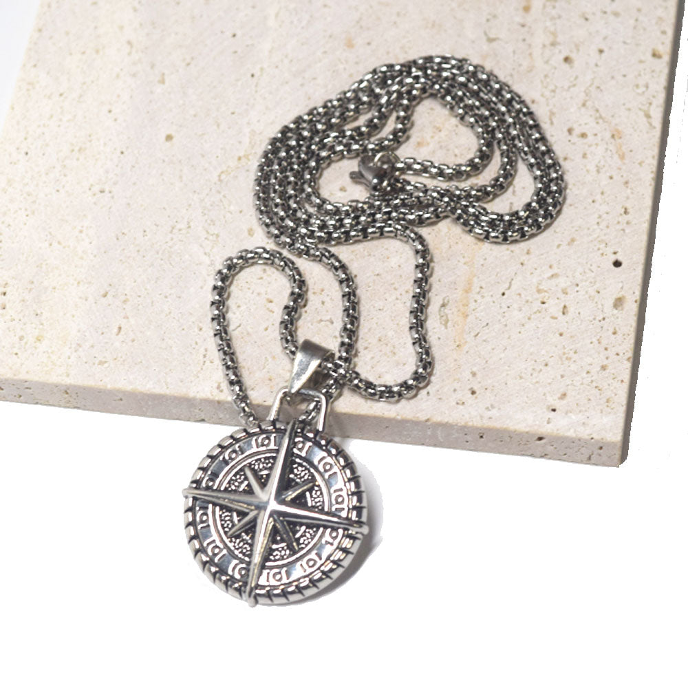 ancient silver stainless steel chain men brass alloy compass medal coin pendant necklace jewelry
