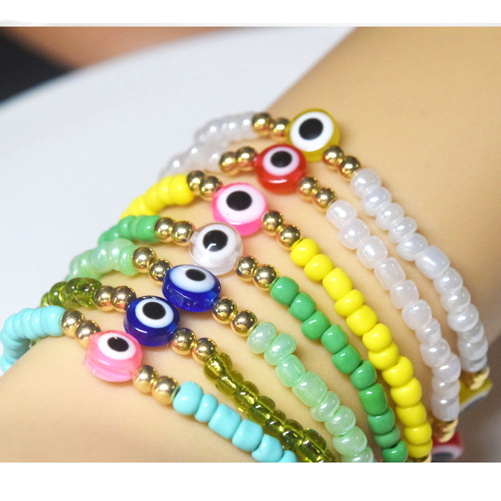 bohemian style stackabele handmade glass rice seed beads beaded elastic devil eye bead charm bracelet jewelry